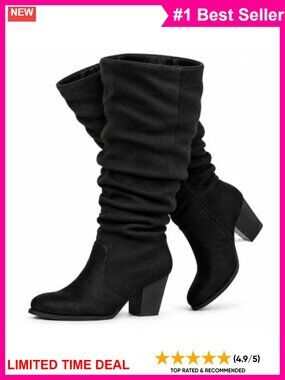 Wide Calf Block Heel Knee High Dress Boots Faux Wood Vegan